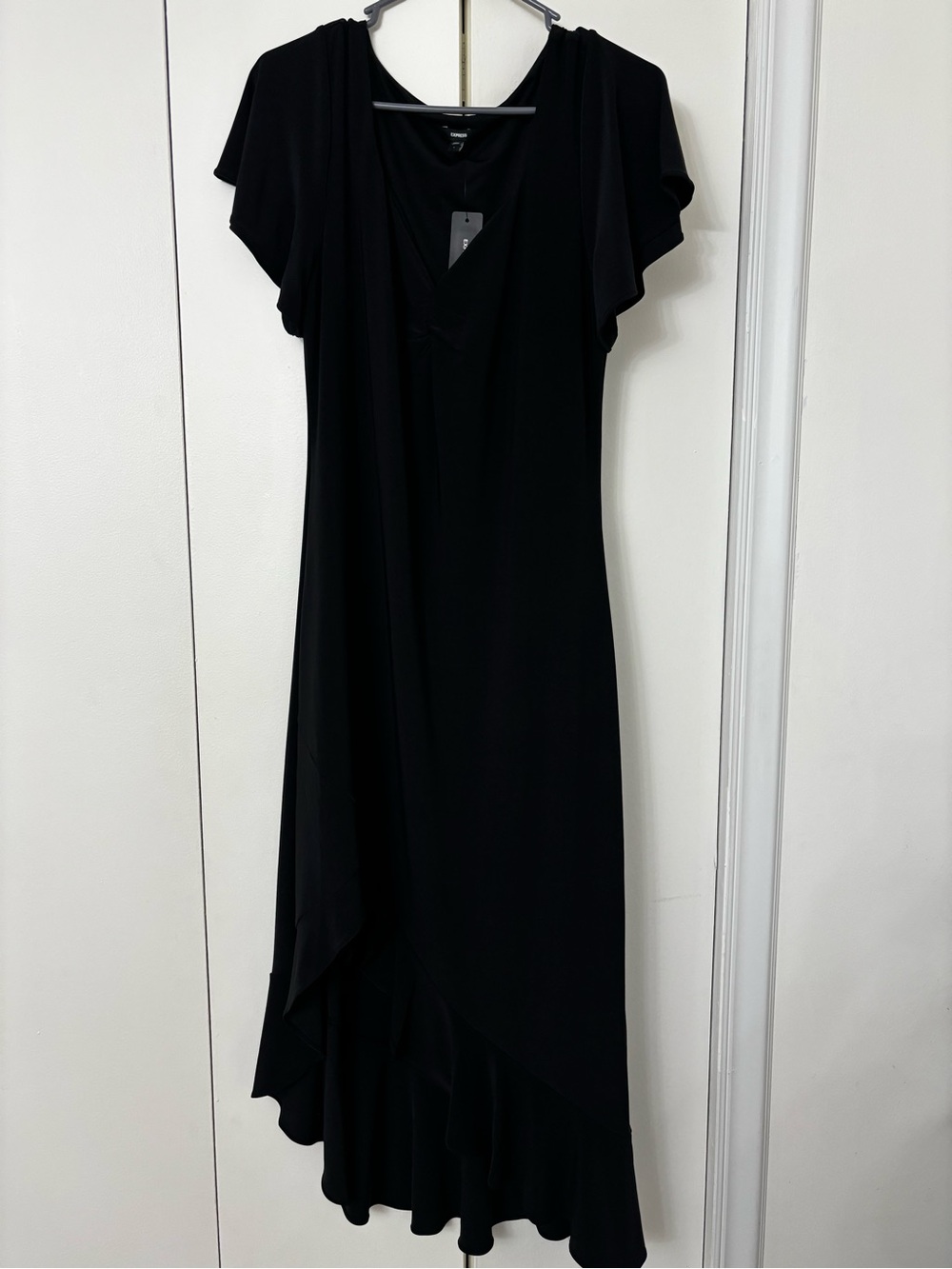 Black Express Flutter-Sleeve Asymmetrical Midi Dress